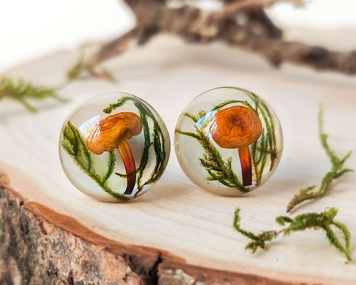 Mushroom Stud Earrings with Real Moss in Eco Friendly Resin