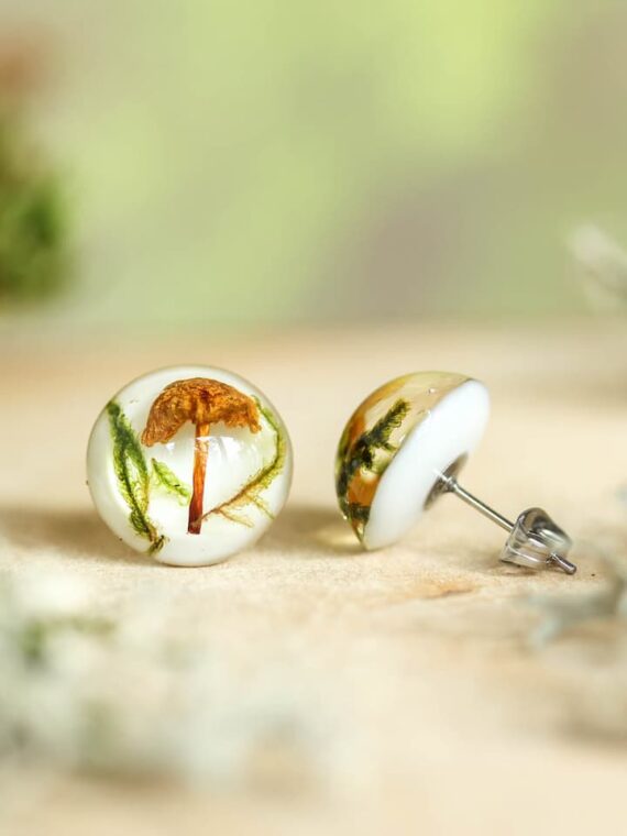Mushroom Lover Earrings Stud with Real Plants – Botanical Jewelry