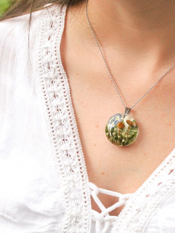 Nature Inspired Necklace with Real Mushroom, Flower and Leaf