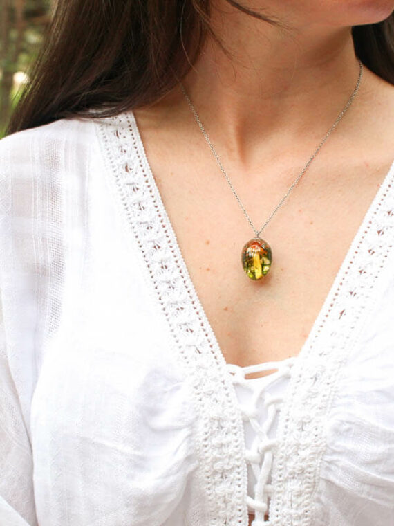 Botanical Inspired Necklace – Dried Mushroom Necklace with Moss