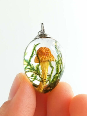 Real Mushroom Pendant Necklace with Green Moss for Him or Her