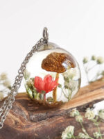 Real Mushroom with Red Flower Necklace - Crystal Resin necklace