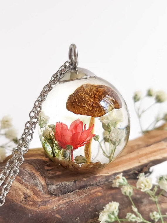 Real Mushroom with Red Flower Necklace - Crystal Resin necklace