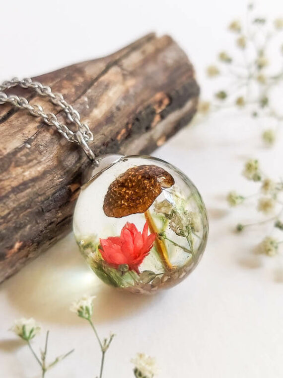 Real Mushroom with Red Flower Necklace - Crystal Resin necklace