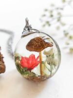 Real Mushroom with Red Flower Necklace - Crystal Resin necklace