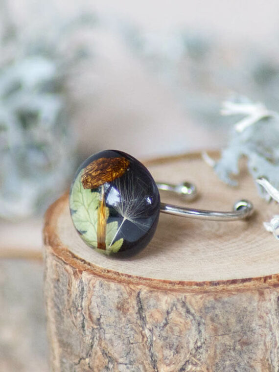 Real Mushroom Adjustable Ring with Fern and Dandelion Seed