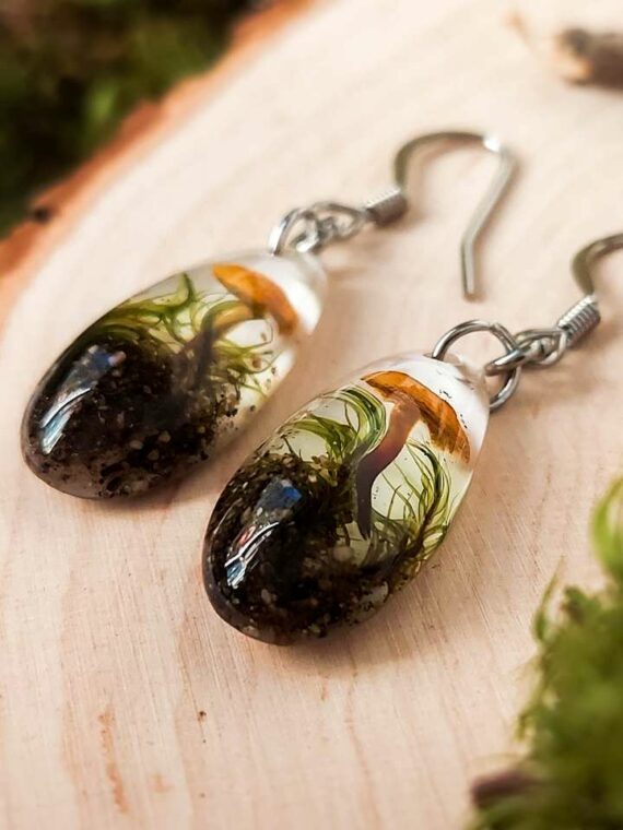 Botanical Earrings with Pressed Mushroom and Moss in Eco Resin