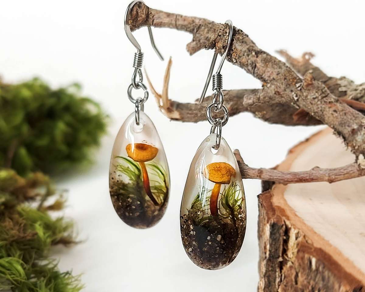 Forest Earrings with Mushroom – Small Lightweight Earrings Dangle