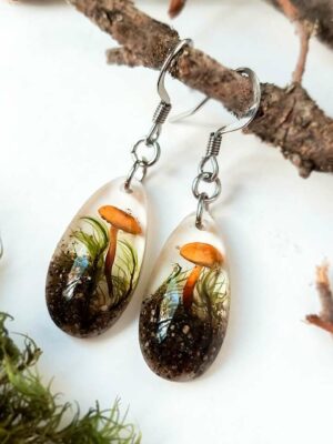 Botanical Earrings with Pressed Mushroom and Moss in Eco Resin