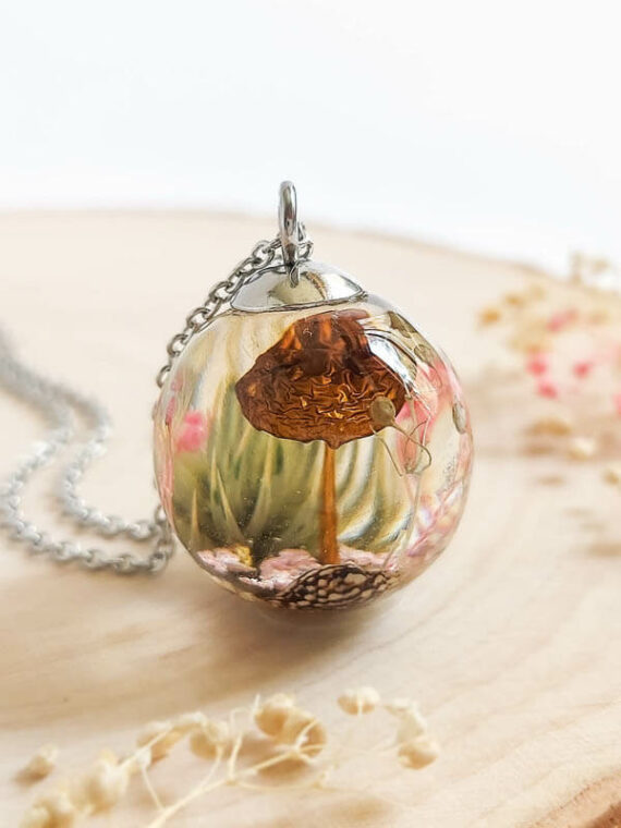 Real Mushroom Pendant in Crystal Clear Resin with Thistle Flower