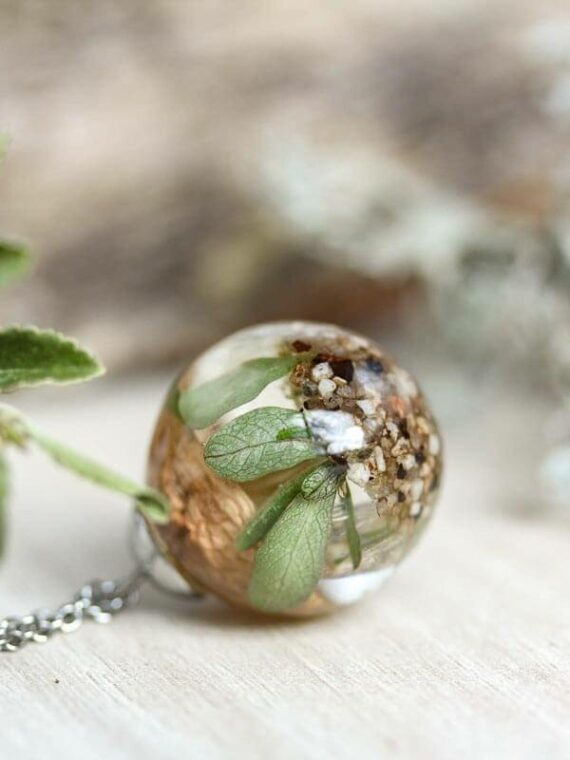 Mushroom Terrarium Necklace with Real Flower and Leaf in Resin