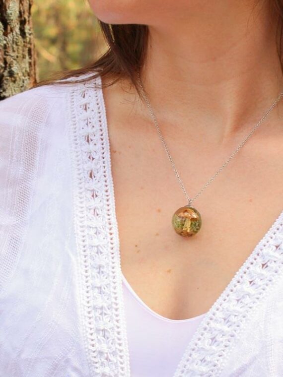 Mushroom Terrarium Necklace with Real Flower and Leaf in Resin