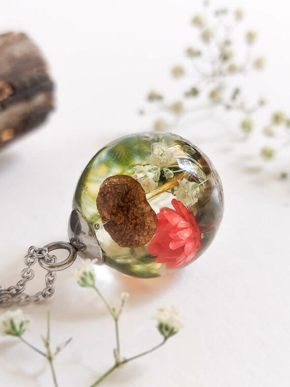 Real Mushroom with Red Flower Necklace - Crystal Resin necklace