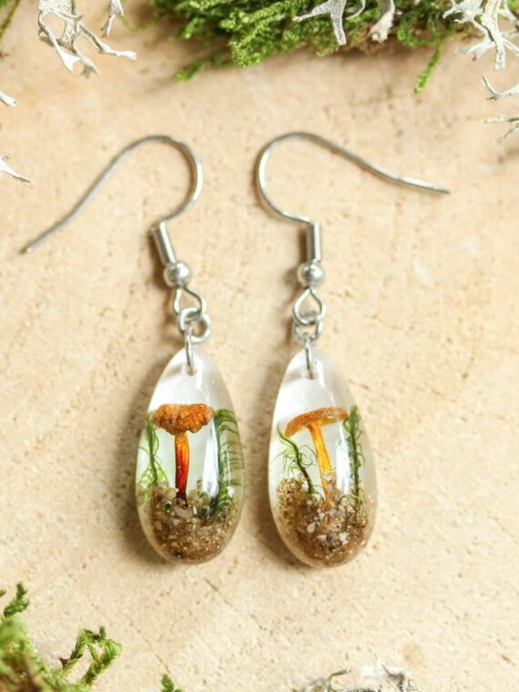 Real Mushrooms Teardrop Terrarium Earrings, Nature Lovers Gifts