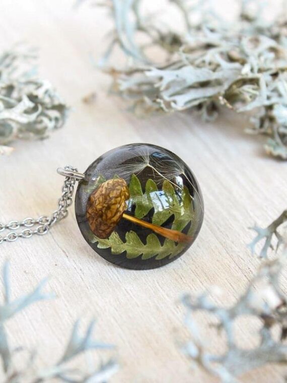 Minimalist Mushroom Pendant with Real Fern And Dandelion Seed