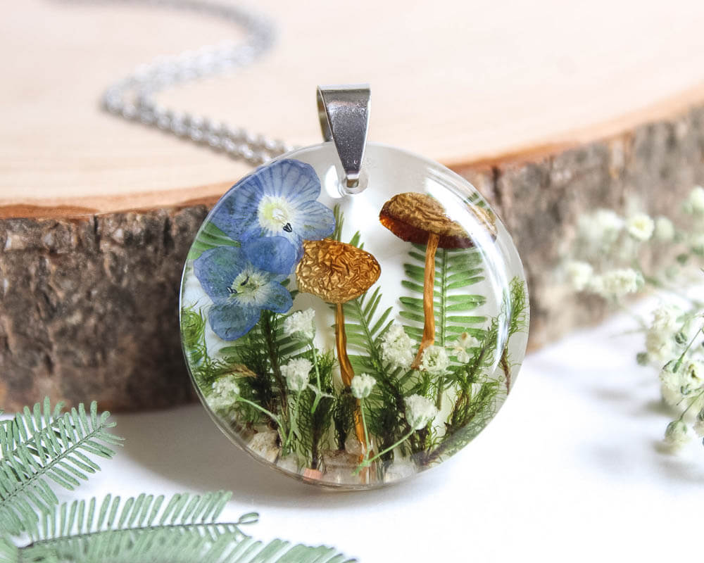 Nature Inspired Necklace with Real Mushroom, Flower and Leaf