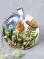 Dried Mushroom Necklace with Pressed Flower and Green Leaf