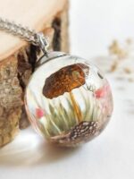 Real Mushroom Pendant in Crystal Clear Resin with Thistle Flower