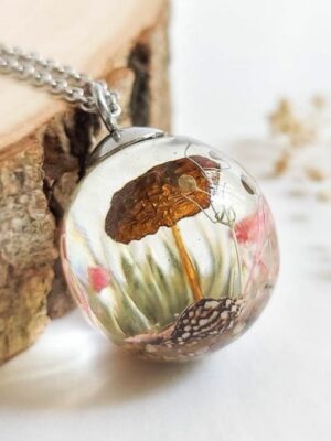 Real Mushroom Pendant in Crystal Clear Resin with Thistle Flower
