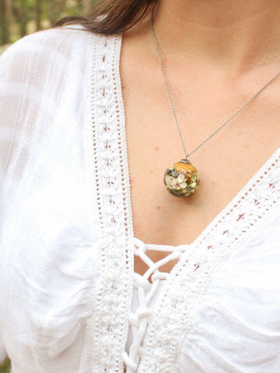 Floral Terrarium Necklace with Real Mushroom and Flower