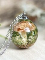 Mushroom Terrarium Necklace with Real Flower and Leaf in Resin