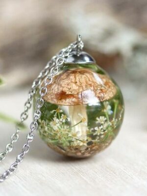 Mushroom Terrarium Necklace with Real Flower and Leaf in Resin