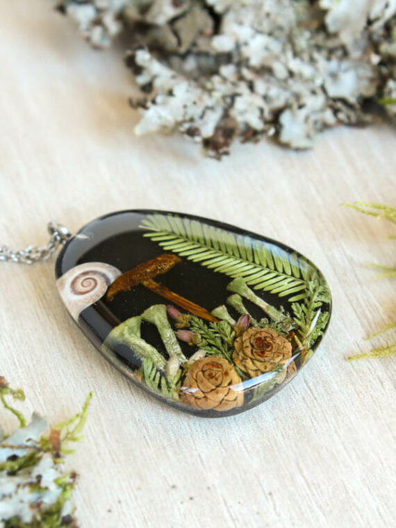 Forest Necklace with Real Mushroom, Leaf and Pixie Cup Lichen