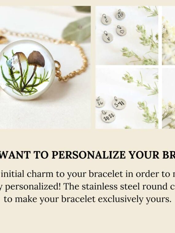 Nature Adjustable Chain Bracelet with Dried Mushroom in Resin