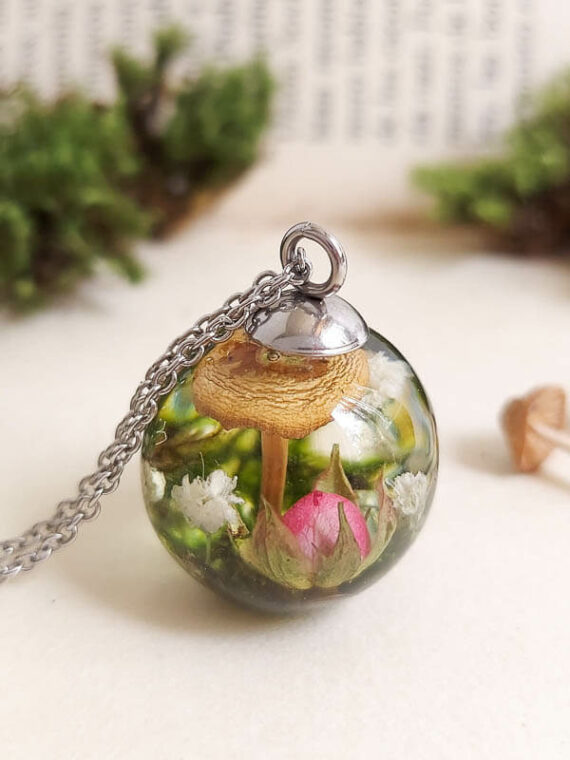 Real Fungi Necklace with Tiny Rose – Terrarium Resin Necklace