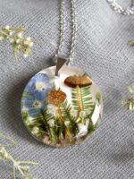 Dried Mushroom Necklace with Pressed Flower and Green Leaf