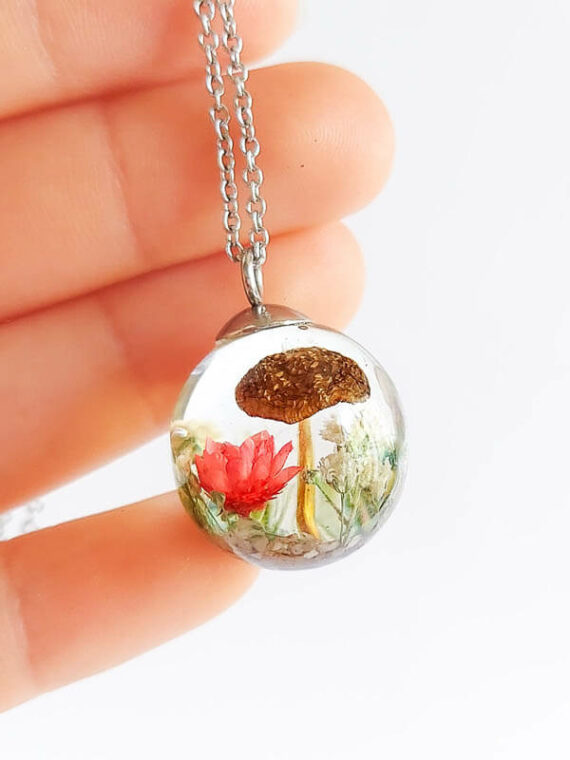 Real Mushroom with Red Flower Necklace - Crystal Resin necklace