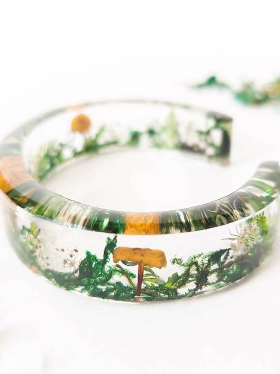 Cuff Bangle Bracelet with Real Mushroom in Resin for Nature Lovers