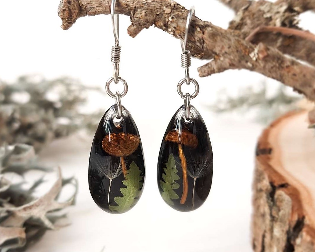 Dark Cottagecore Mushroom Earrings - Black Teardrop Earrings