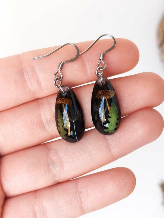 Dark Cottagecore Mushroom Earrings - Black Teardrop Earrings