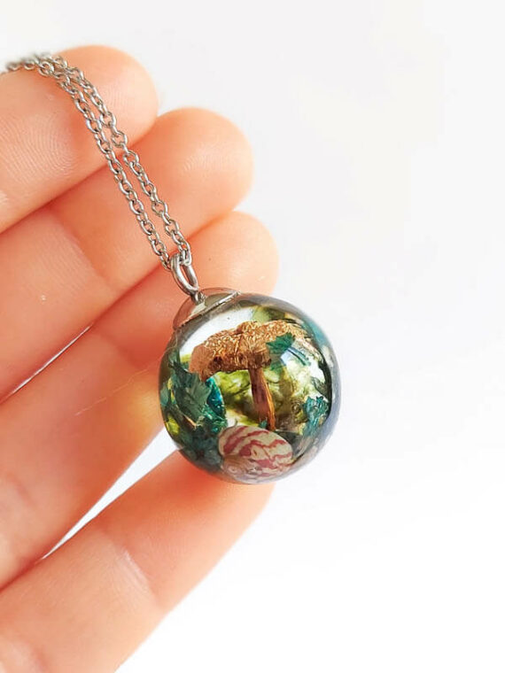 Magic Mushroom Necklace with Blue Flower Necklace in Resin