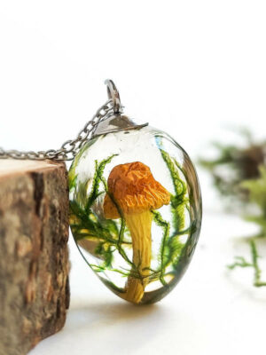 Botanical Inspired Necklace – Dried Mushroom Necklace with Moss
