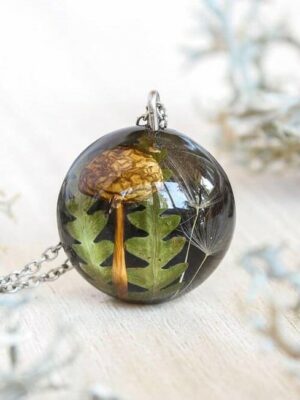 Minimalist Mushroom Pendant with Real Fern And Dandelion Seed