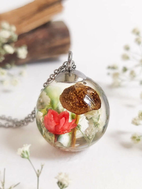 Real Mushroom with Red Flower Necklace - Crystal Resin necklace