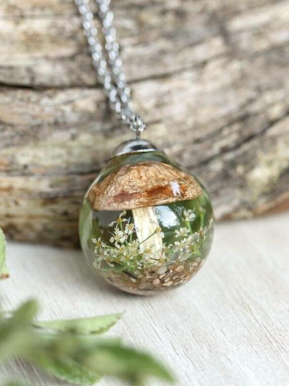 Mushroom Terrarium Necklace with Real Flower and Leaf in Resin