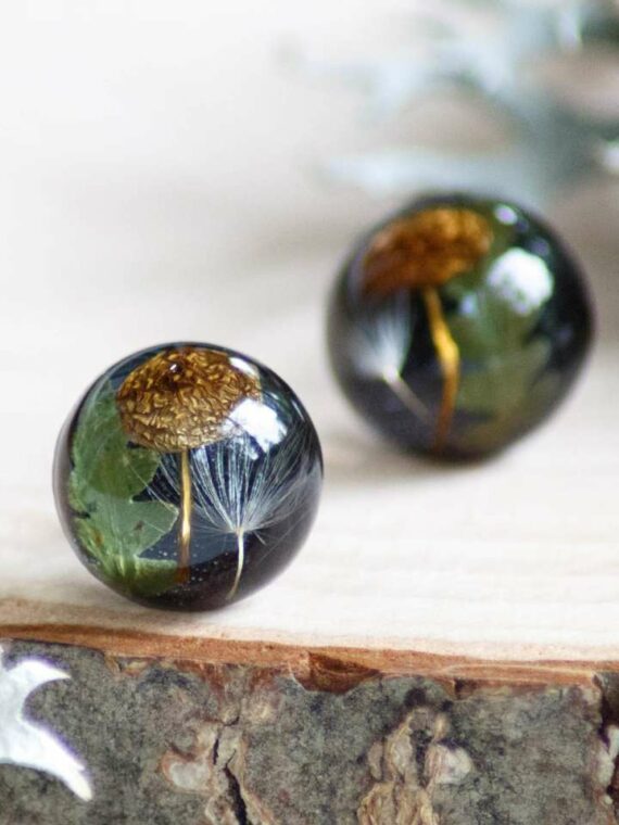 Small Black Stud Earrings with Mushroom, Fern and Dandelion Seed