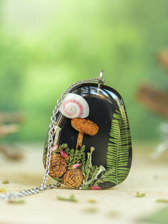 Cottagecore Mushroom Necklace with Real Plants and Pinecone