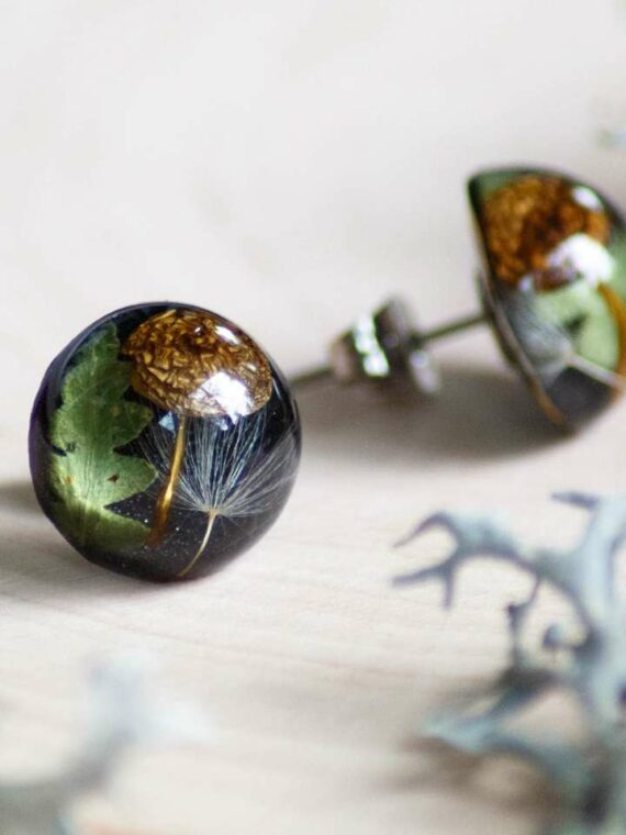 Small Black Stud Earrings with Mushroom, Fern and Dandelion Seed