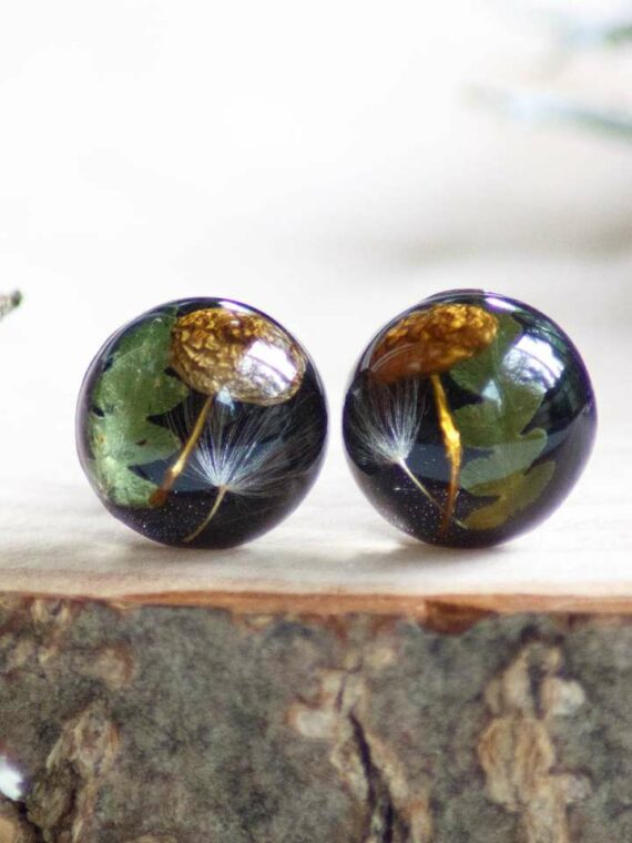 Dark Aesthetic Earrings Stud with Tiny Mushroom and Real Plants