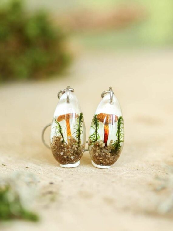 Real Mushrooms Teardrop Terrarium Earrings, Nature Lovers Gifts