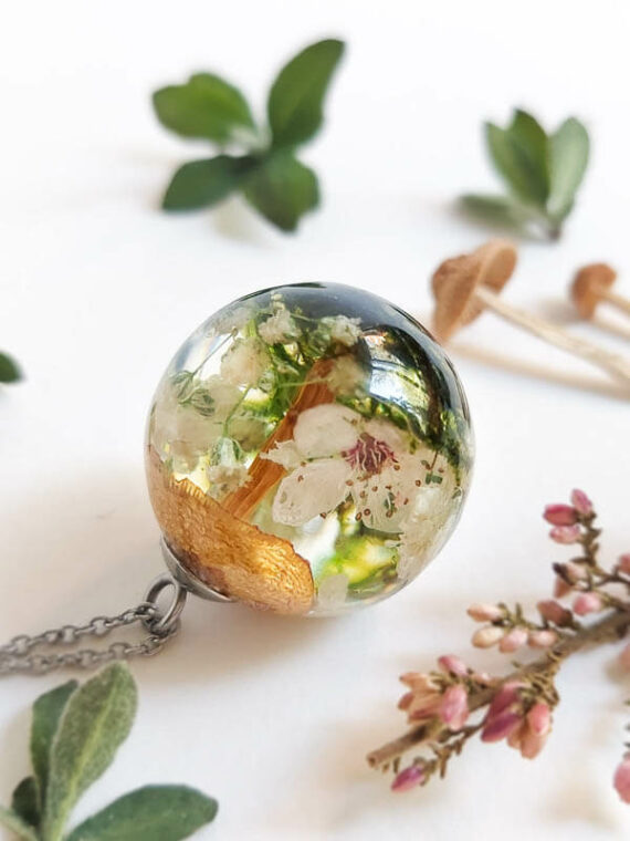 Floral Terrarium Necklace with Real Mushroom and Flower