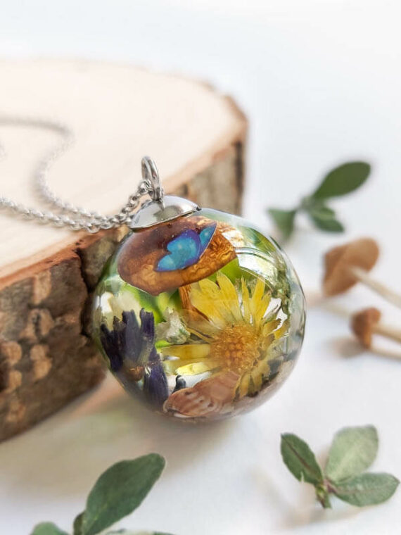 Dried Mushroom Garden Necklace with Wildflowers in Resin