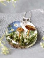 Dried Mushroom Necklace with Pressed Flower and Green Leaf