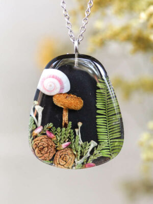 Cottagecore Mushroom Necklace with Real Plants and Pinecone