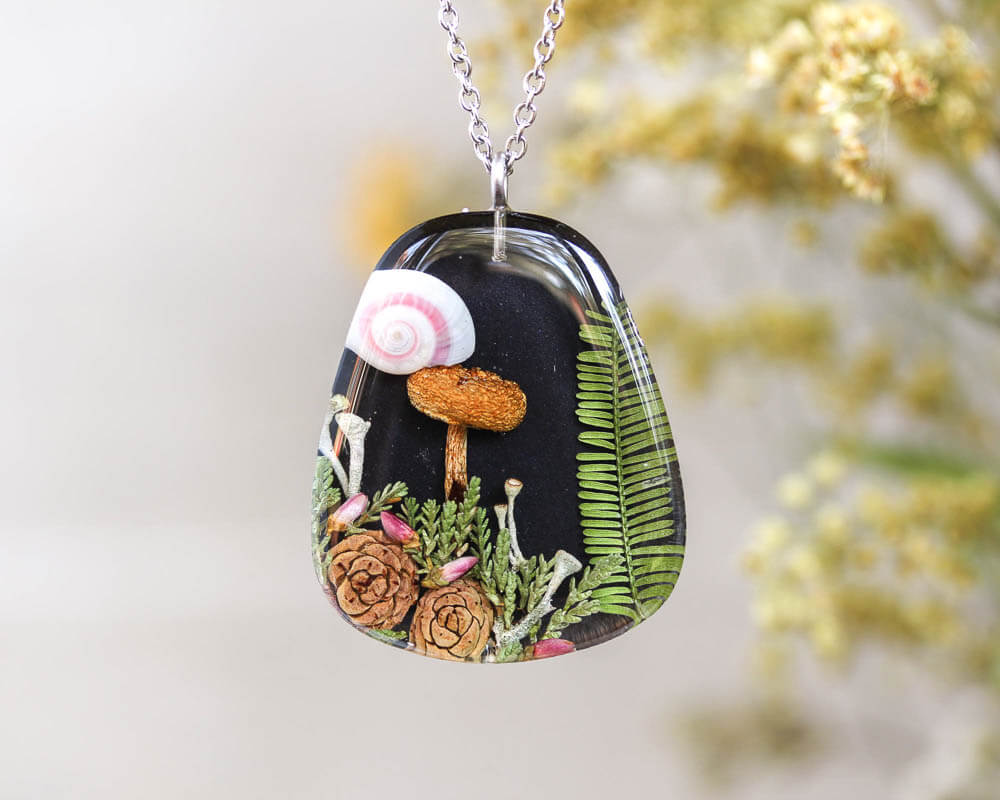 Cottagecore Mushroom Necklace with Real Plants and Pinecone
