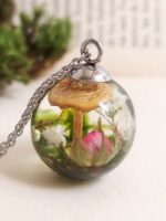 Real Fungi Necklace with Tiny Rose – Terrarium Resin Necklace